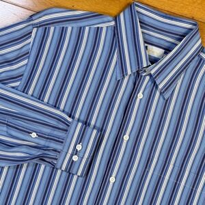 Brioni Mens Large Blue White Striped‎ Cotton Long Sleeve Button Down Shirt Italy